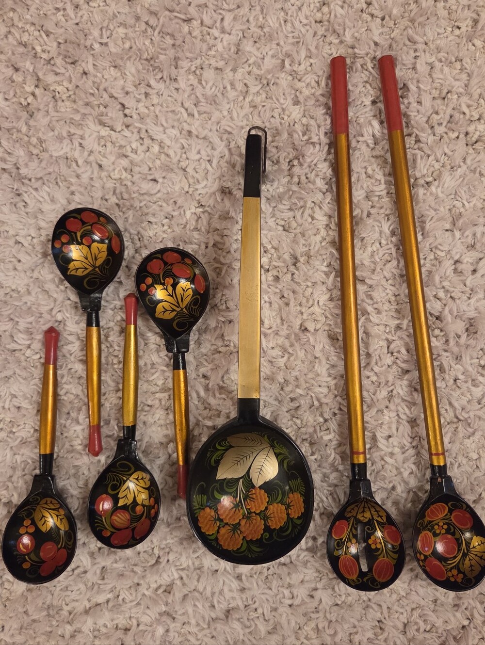 Khokhloma Hand-Painted Black and Gold Decorative Serving Spoons - Floral Design